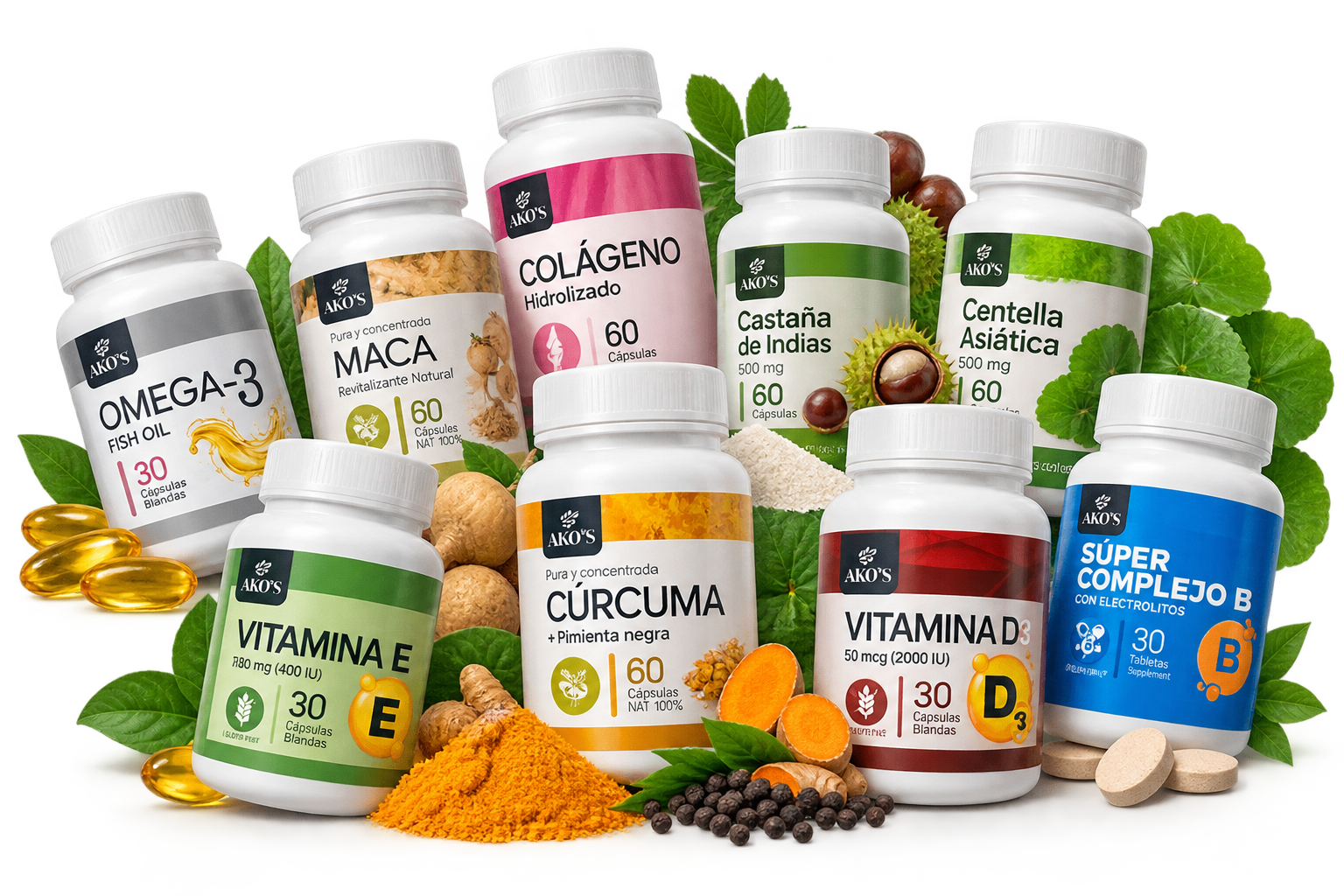 Montaje ilustrativo de la línea AKO’S: vitaminas, Omega 3, cúrcuma, maca y otros suplementos